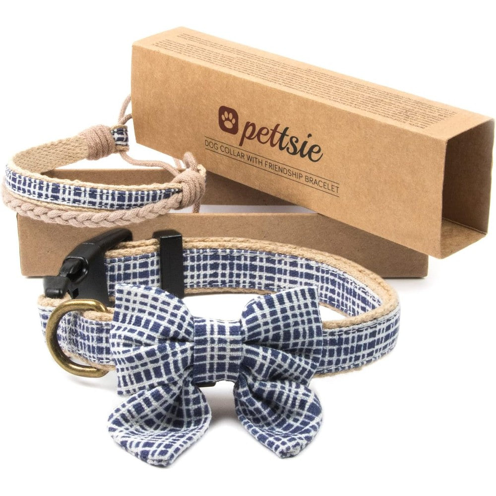 Pettsie dog bow tie collar and matching owner friendship bracelet blue grid pattern front view