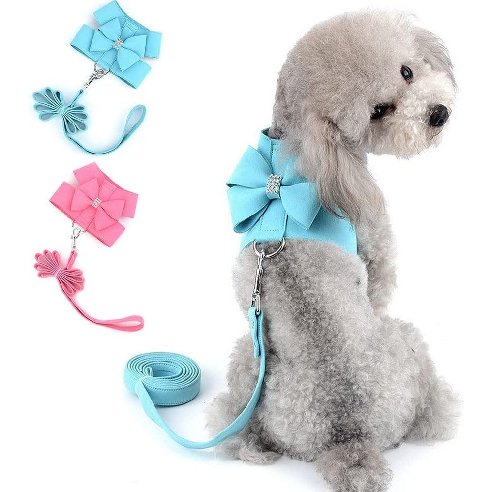 Selmai Bling Rhinestone Dog Harness And Leash Set Soft Faux Suede Vest For Small Dogs And Cats Adjustable Pink
