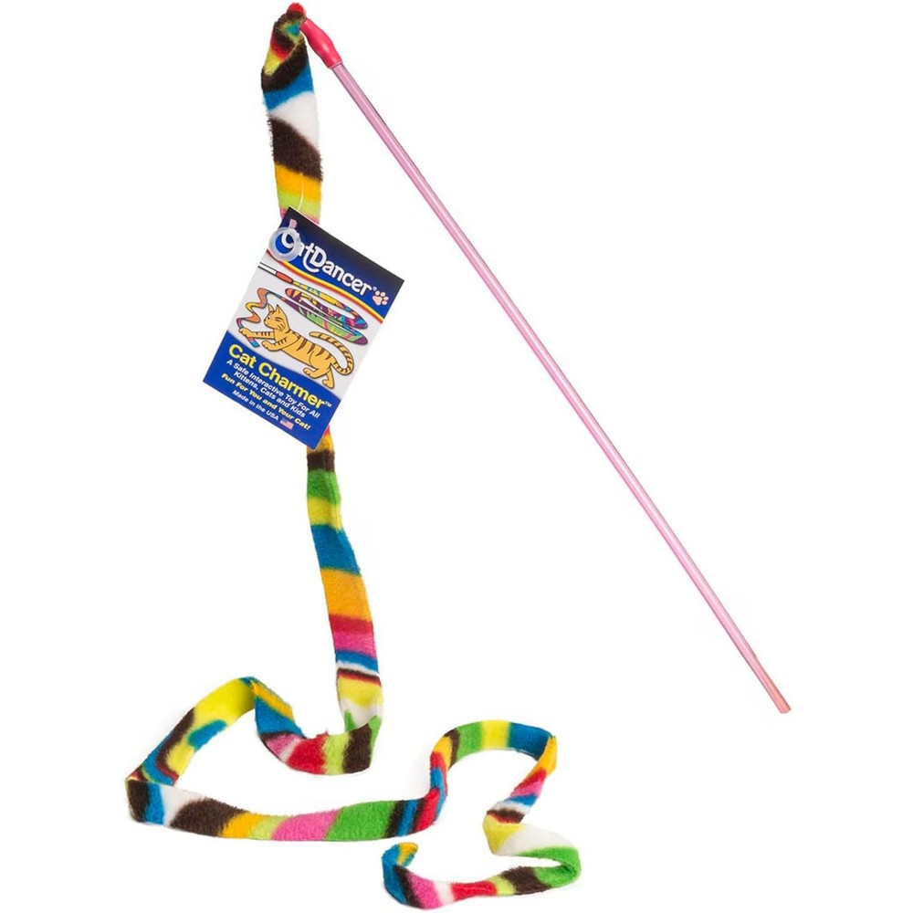 Cat Dancer Charmer Interactive Cat Toy front view showcasing the long colorful fleece ribbon and clear handle for interactive pet play.