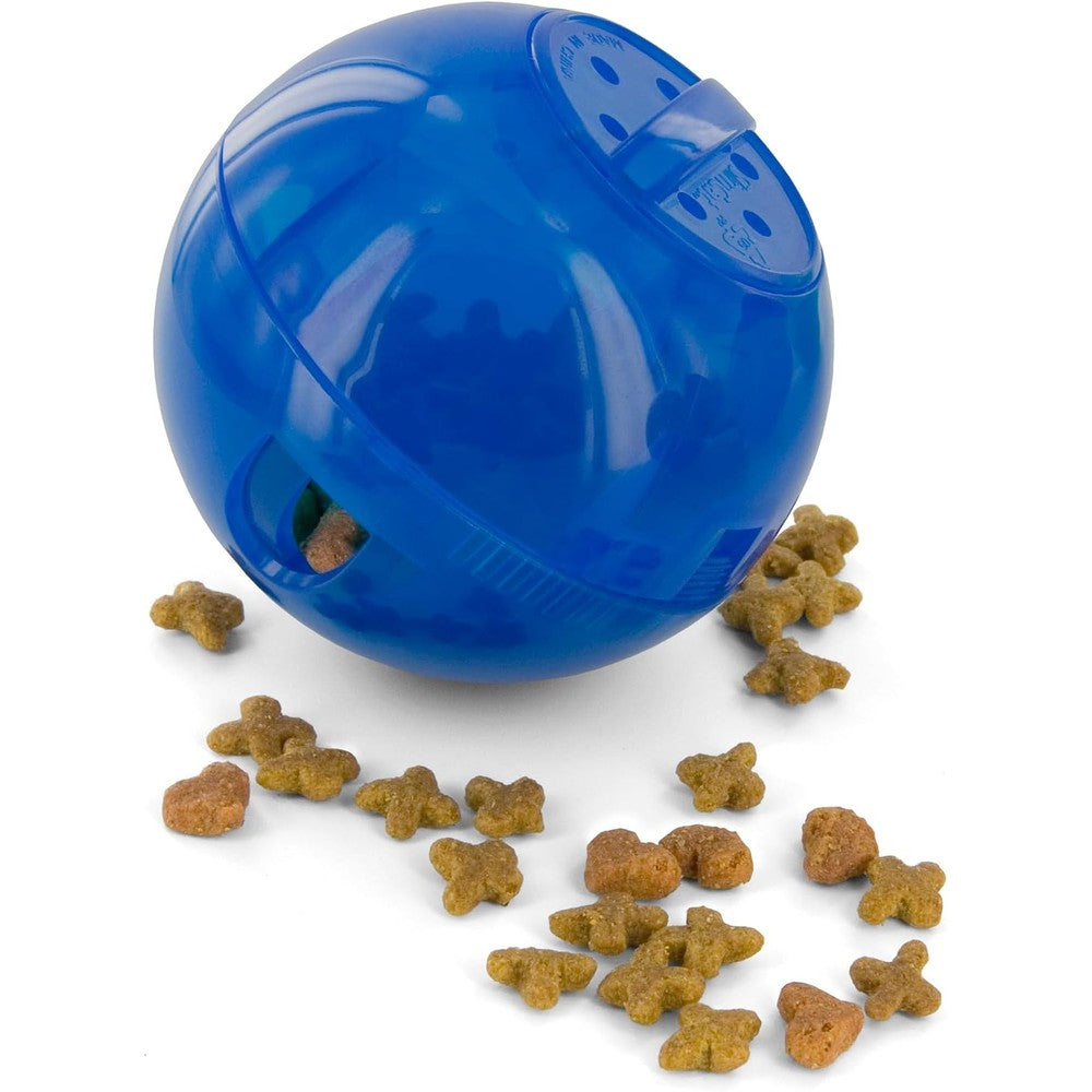 PetSafe SlimCat interactive slow feeder ball for cats front view displaying adjustable kibble openings.