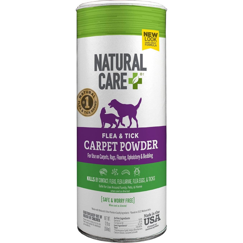 Natural Care Flea and Tick Carpet Powder front view of the canister