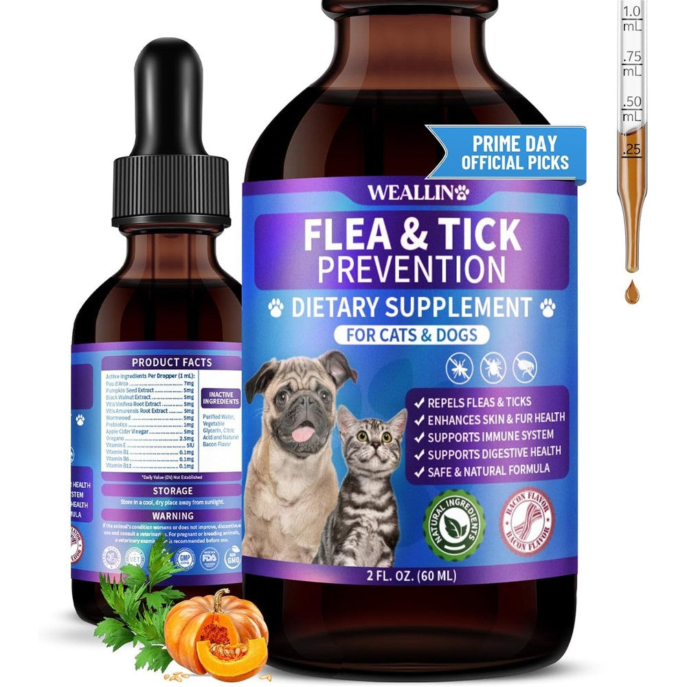 WEALLIN Flea and Tick Support for Dogs and Cats front view of the 2 fluid ounce bottle with dropper.