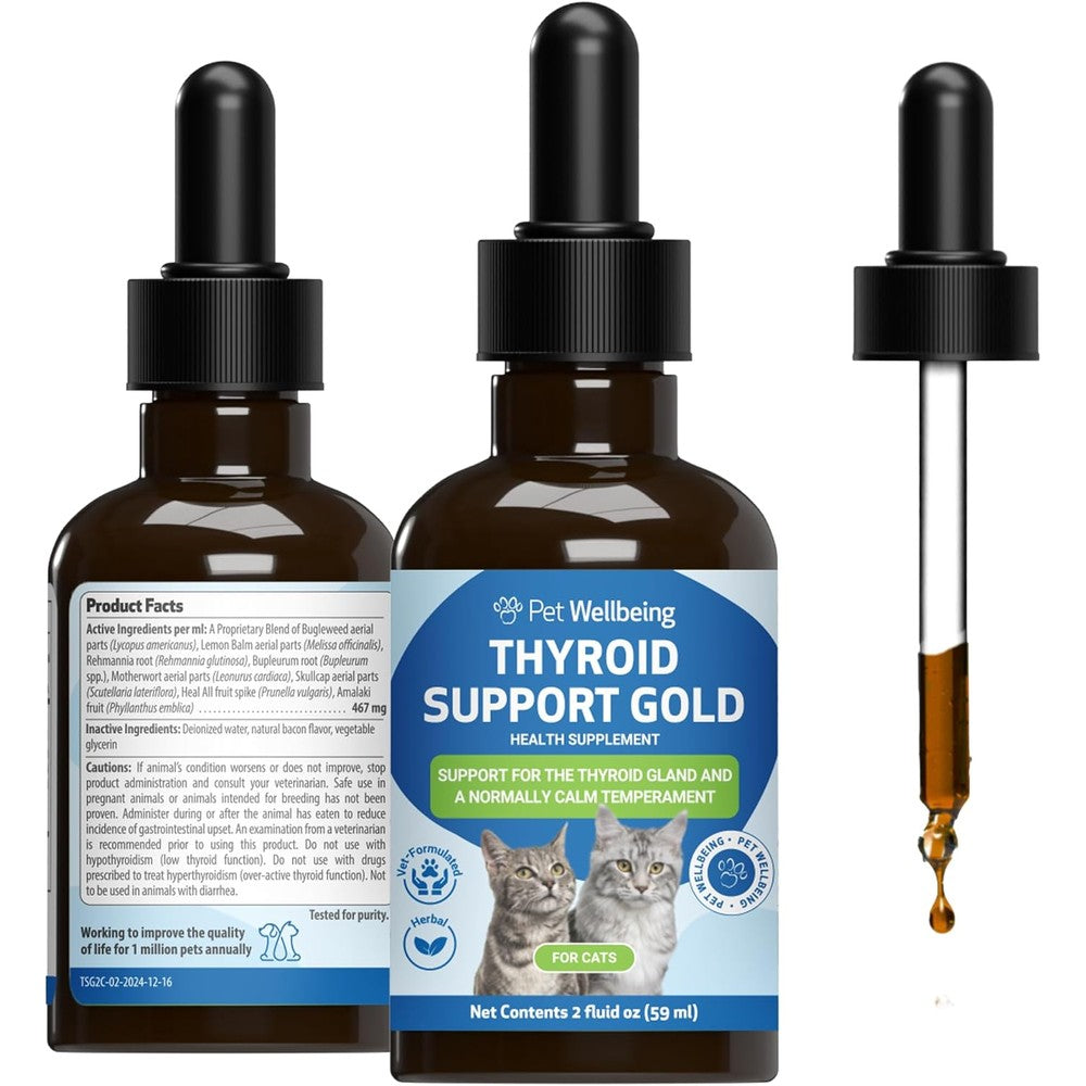 Pet Wellbeing Thyroid Support Gold For Cats Holistic Feline Metabolic Health Liquid Supplement Bacon Flavor Two Fluid Ounces