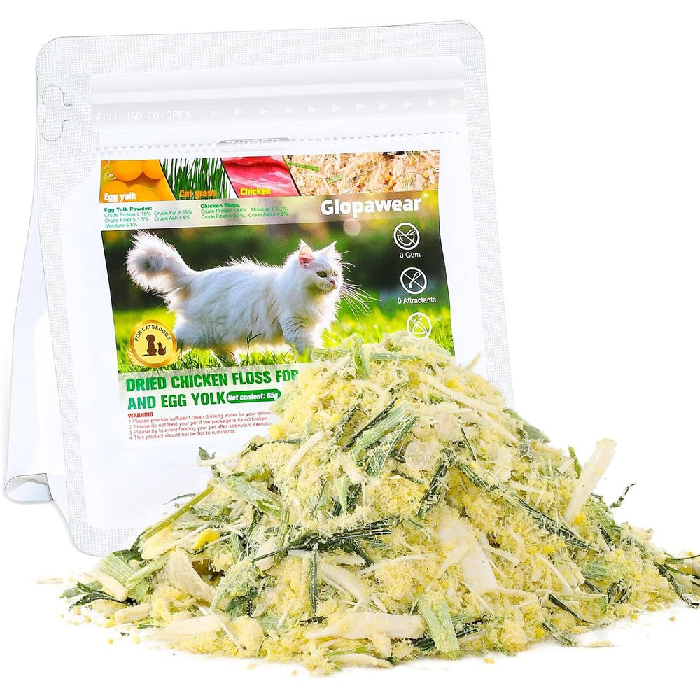 Glopawear freeze dried cat grass treats front packaging view showcasing natural hairball relief ingredients.