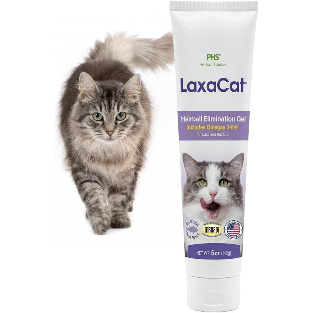 LaxaCat Hairball Gel for Cats front view showing five ounce tube for feline digestive support.