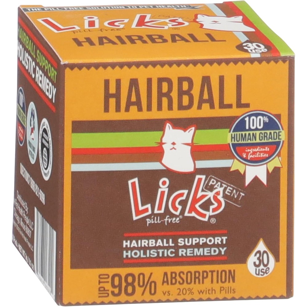 Licks Pill Free Cat Hairball Support front packaging showing 30 premium gel packets