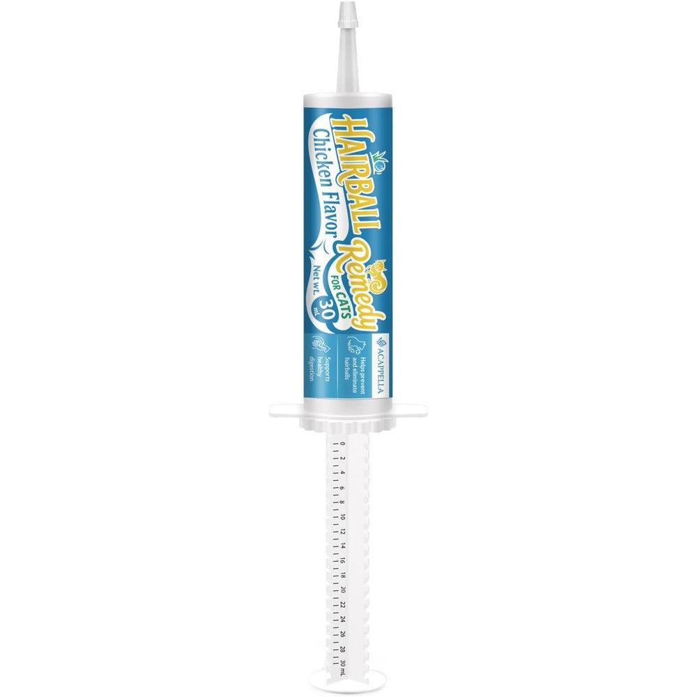 ACAPPELLA Chicken Flavor Cat Hairball Remedy 30 milliliter syringe front view packaging