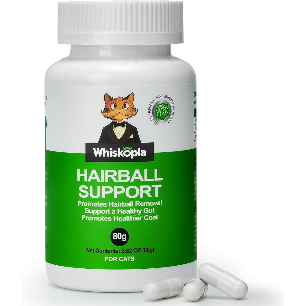 Whiskopia Hairball Relief for Cats 100 capsules front view bottle for feline digestive wellness.
