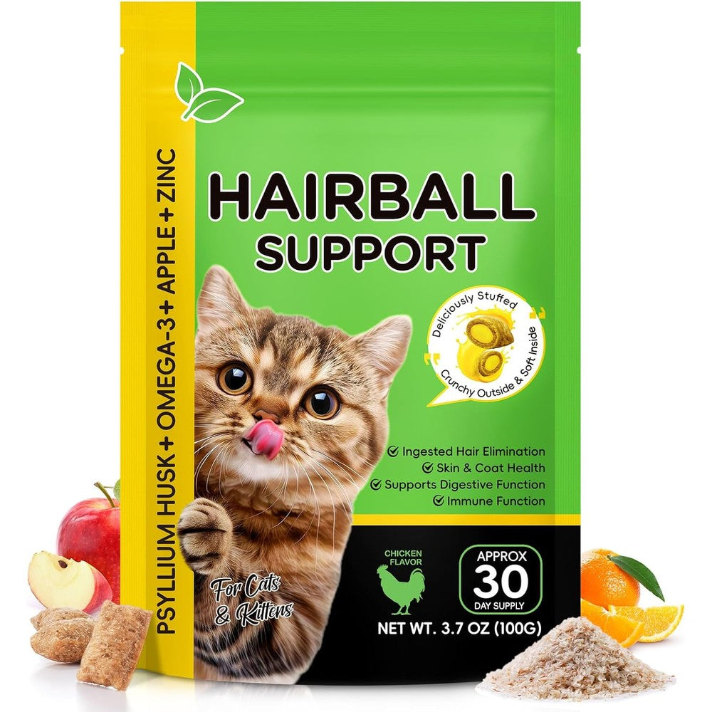 ReliCo Hairball Control Cat Treats front view pouch showing chicken flavor details.