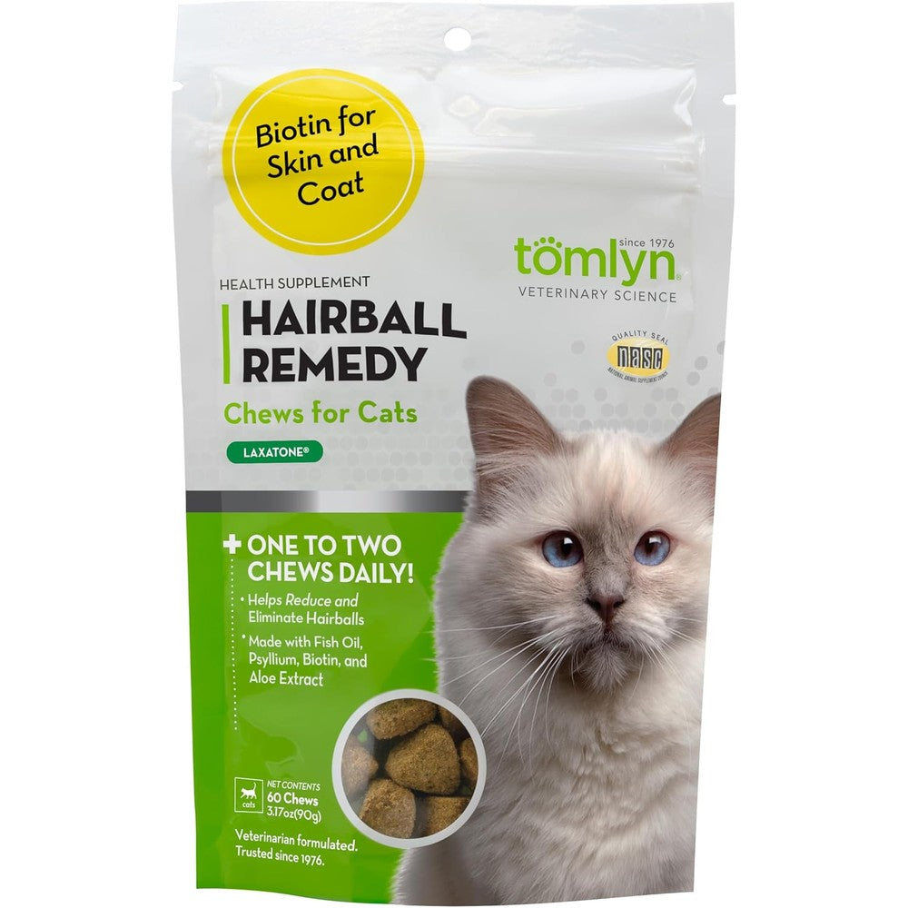 Tomlyn Laxatone Hairball Remedy Chicken Flavor Soft Chews front view packaging for cat digestive health
