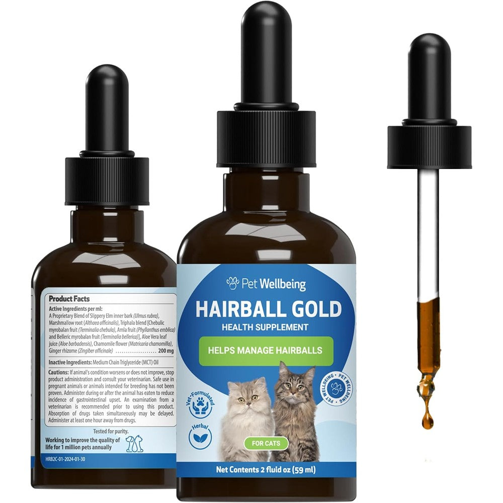 Pet Wellbeing Hairball Gold for Cats bottle front view natural hairball remedy