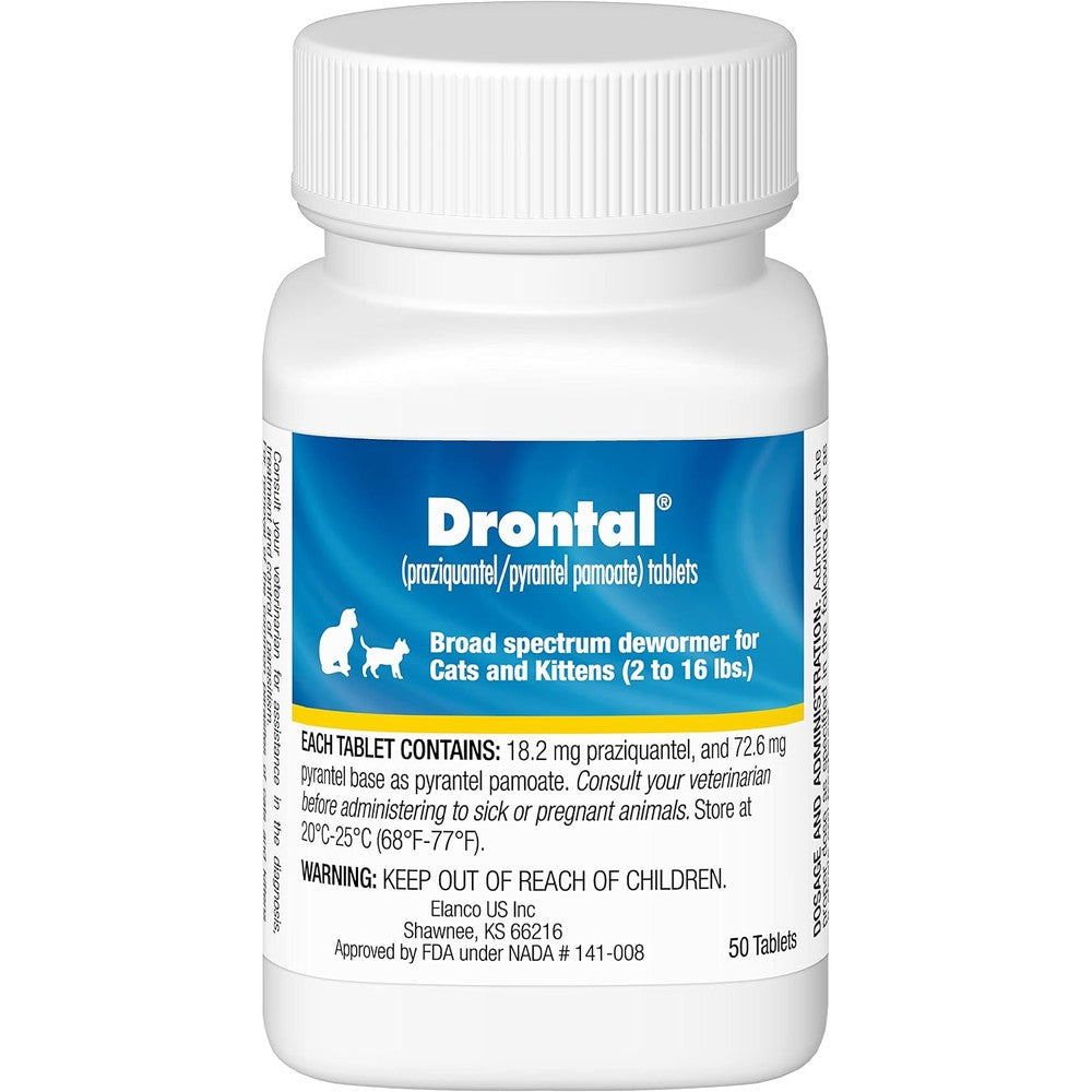 Elanco Drontal Broad Spectrum Cat and Kittens Dewormer 50 tablets bottle front view oral pet medication