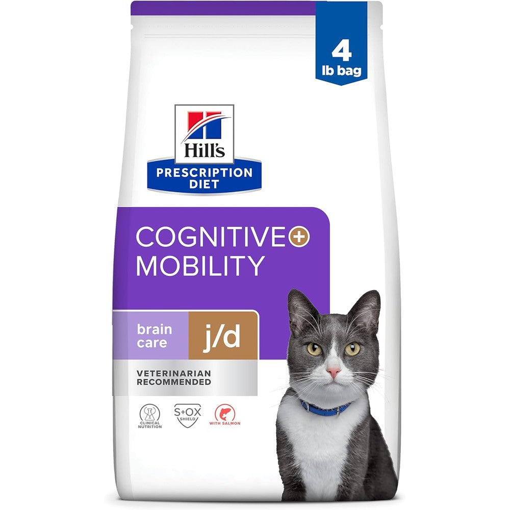 Hill's Prescription Diet Brain Care Plus j/d Joint Care Salmon Flavor Dry Cat Food For Cognitive And Mobility Support 4 Pound Bag