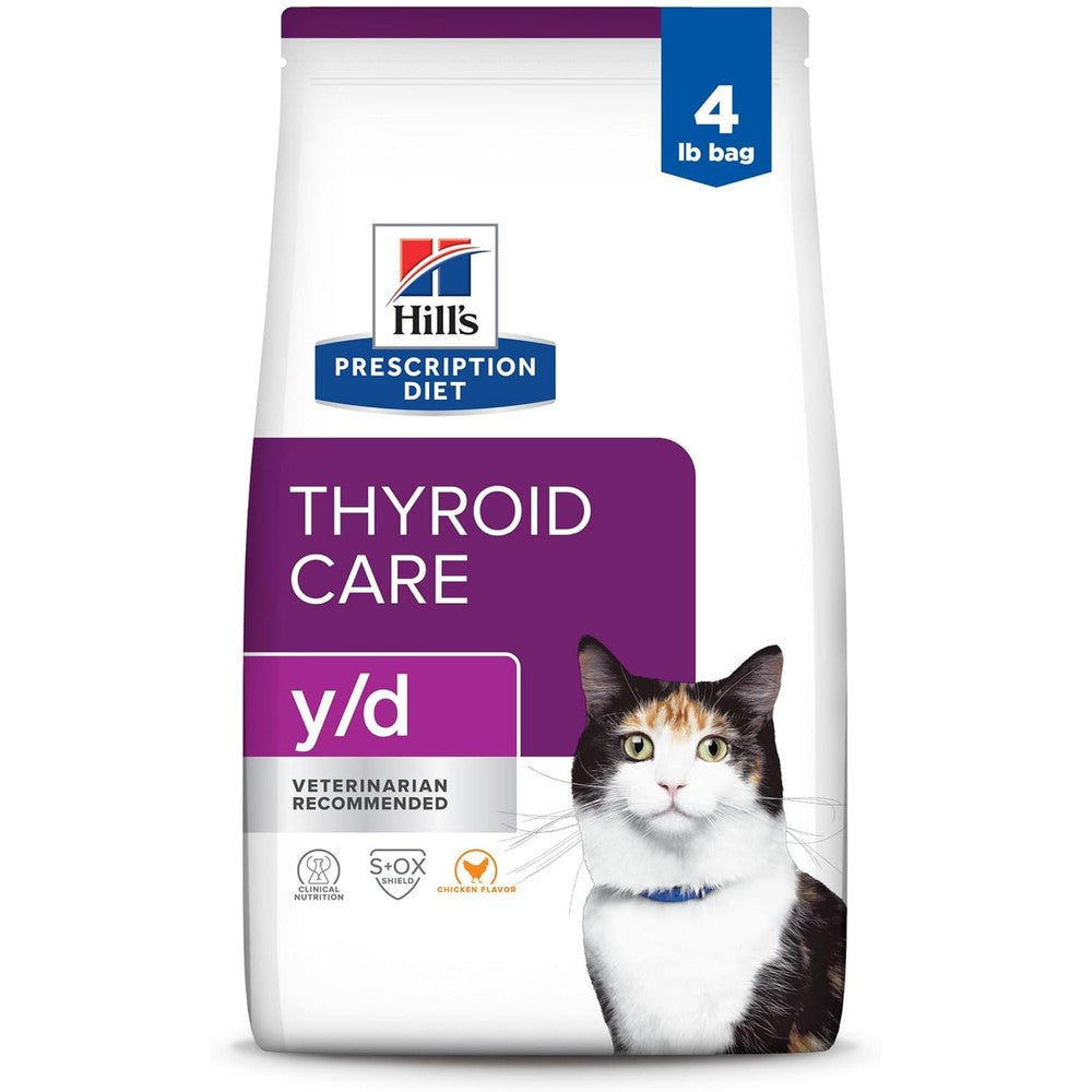 Hill's Prescription Diet y/d Thyroid Care Chicken Flavor Dry Cat Food For Feline Hyperthyroidism Management Four Pound Bag