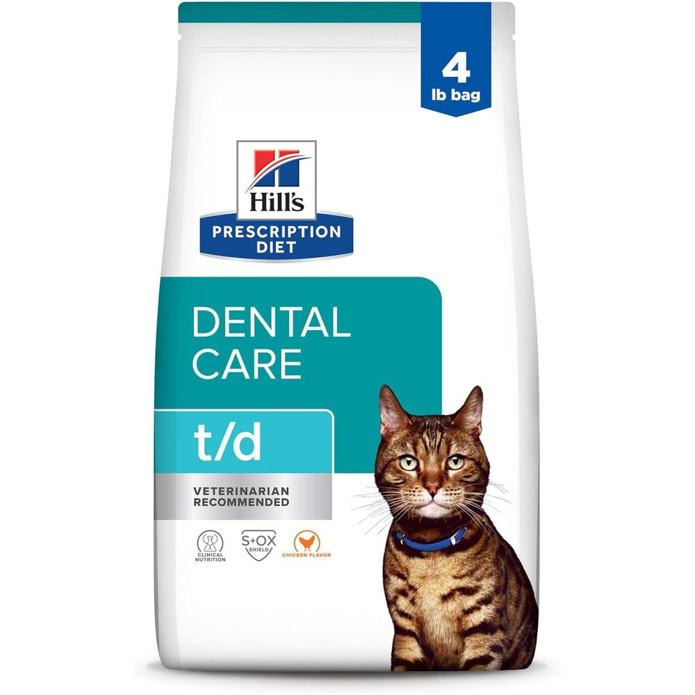 Hill's Prescription Diet t/d Dental Care Chicken Flavor Dry Cat Food Complete And Balanced Veterinary Diet Four Pound Bag