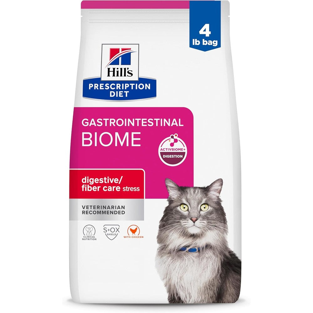 Hill's Prescription Diet Gastrointestinal Biome Stress Digestive And Fiber Care Chicken Flavor Dry Cat Food Four Pound Bag