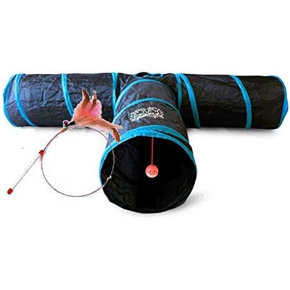 Feline Ruff Premium 3 Way Cat Tunnel front view showing extra large blue and black opening.