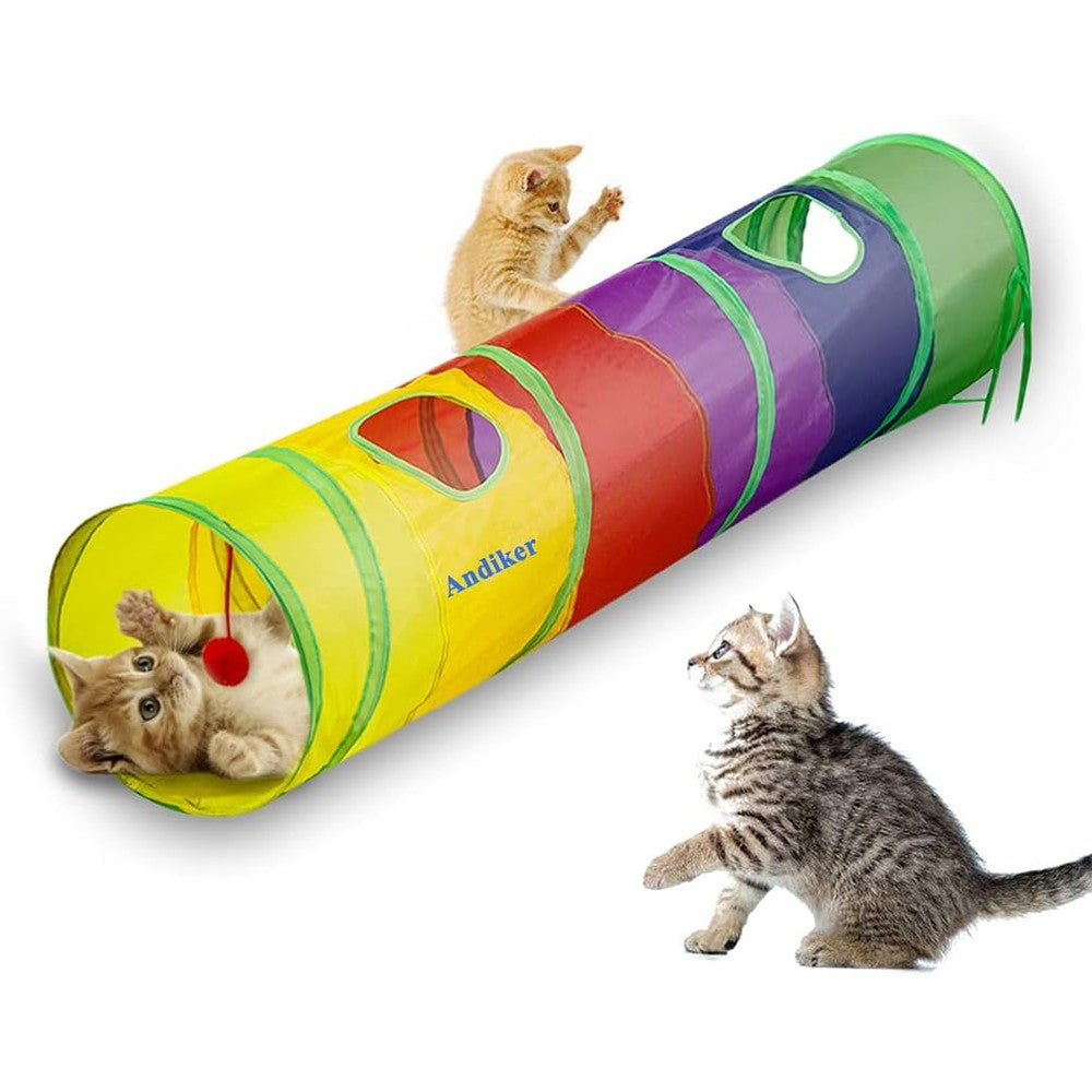 Andiker Rainbow Cat Tunnel front view showcasing the colorful collapsible pet tube.