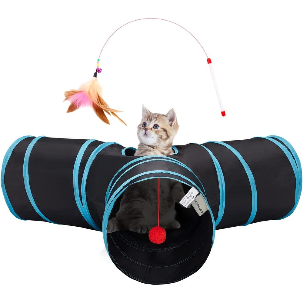 Tempcore three way collapsible cat tunnel front view showing black and blue polyester design.