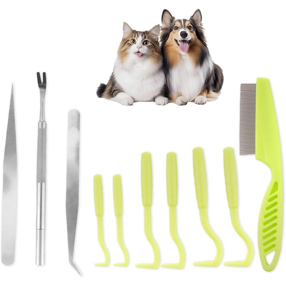 Twzkxc 10 Piece Pet Tick Remover Tool Set Stainless Steel And Plastic Tick Removal Kit For Cats Dogs And Humans Silver And Green