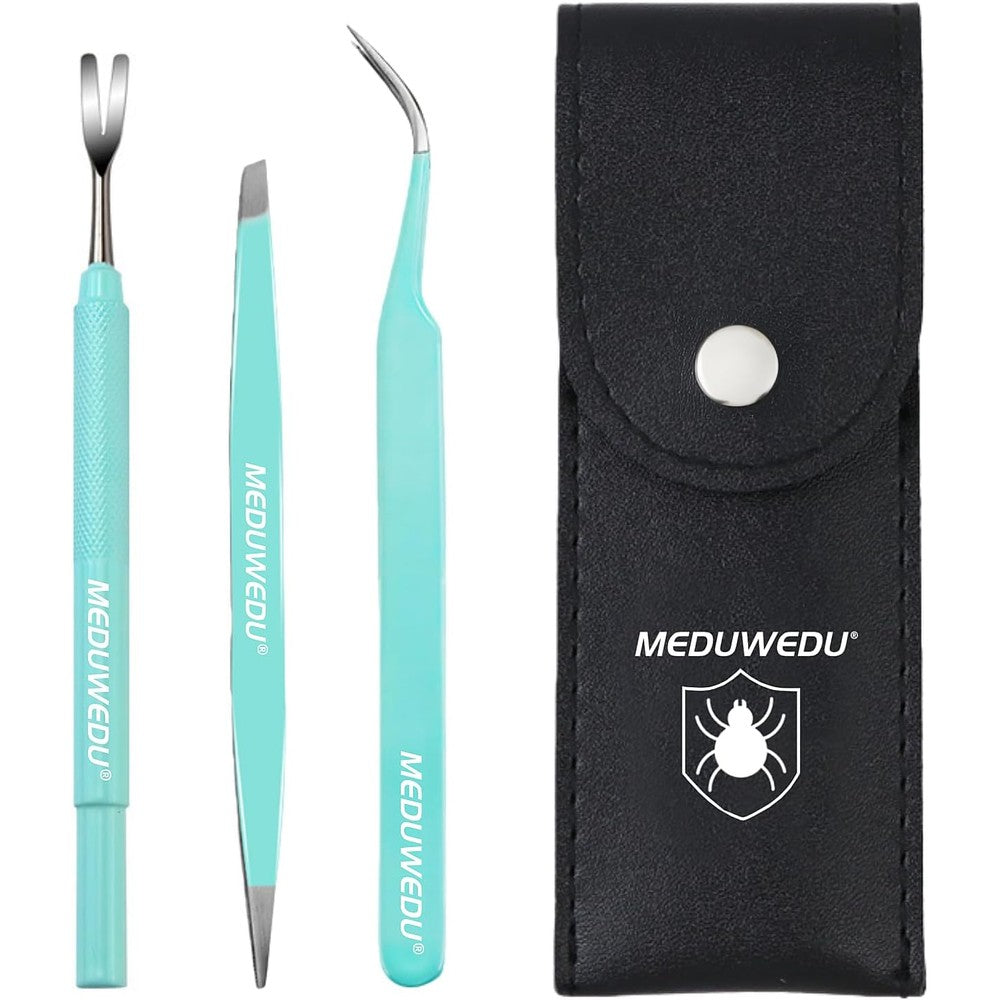 Meduwedu Tick Removal Tool Kit For Dogs Cats And Humans Stainless Steel 3 In 1 Set With Leather Pouch