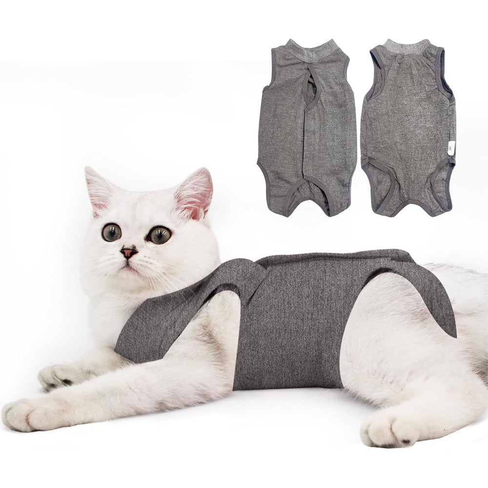Doton cat recovery suit front view worn by a gray cat after abdominal surgery.