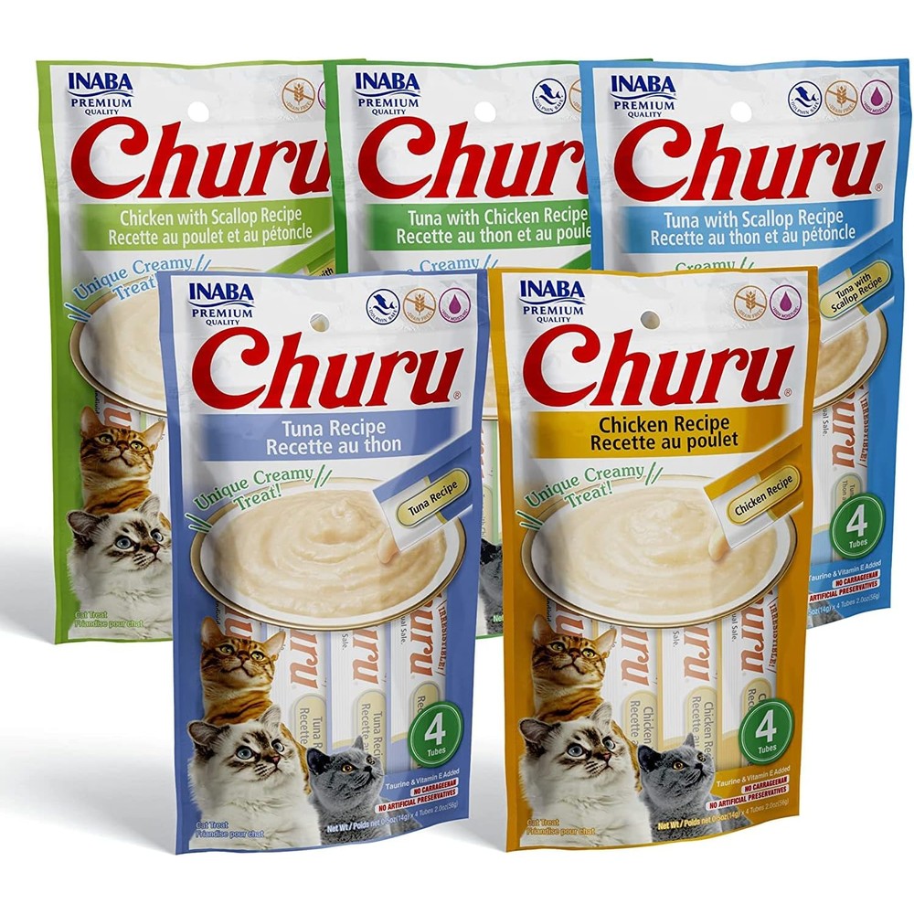 Inaba Churu Lickable Creamy Puree Cat Treats 5 Flavor Variety Pack 20 Tubes Authentic USA Imported Healthy Feline Snack