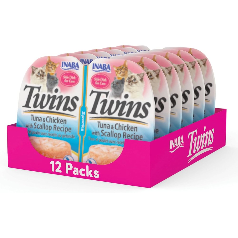 Inaba Twins For Cats Shredded Chicken And Tuna With Scallop Recipe Broth Gelée Side Dish And Topper Cups 1.23 Ounces 12 Servings