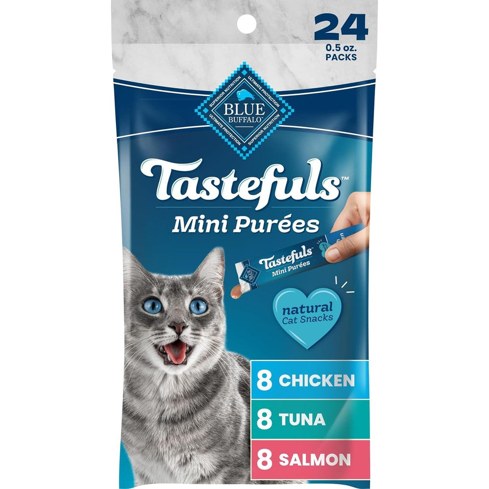 Blue Buffalo Tastefuls Mini Purées Natural Cat Treats Chicken Tuna And Salmon Variety Pack 24 Count 0.5 Ounce Single Servings
