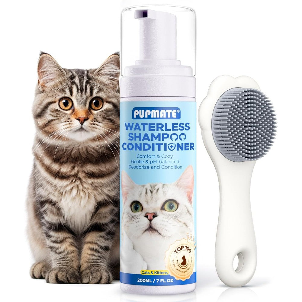 Mooncat Waterless Cat Shampoo and Conditioner foam bottle front view for waterless cat bath.