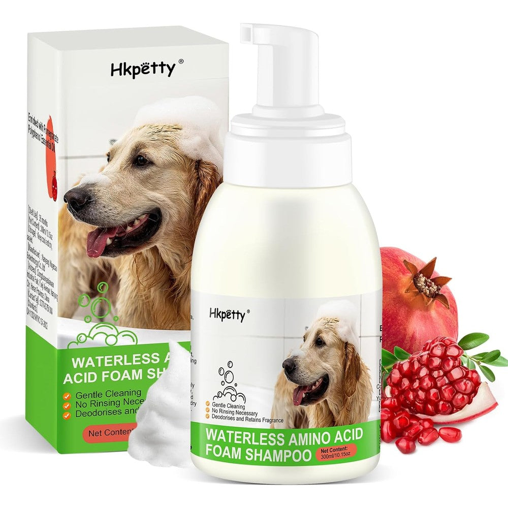 Hkpetty waterless dog shampoo and conditioner front view of the pomegranate foam bottle.