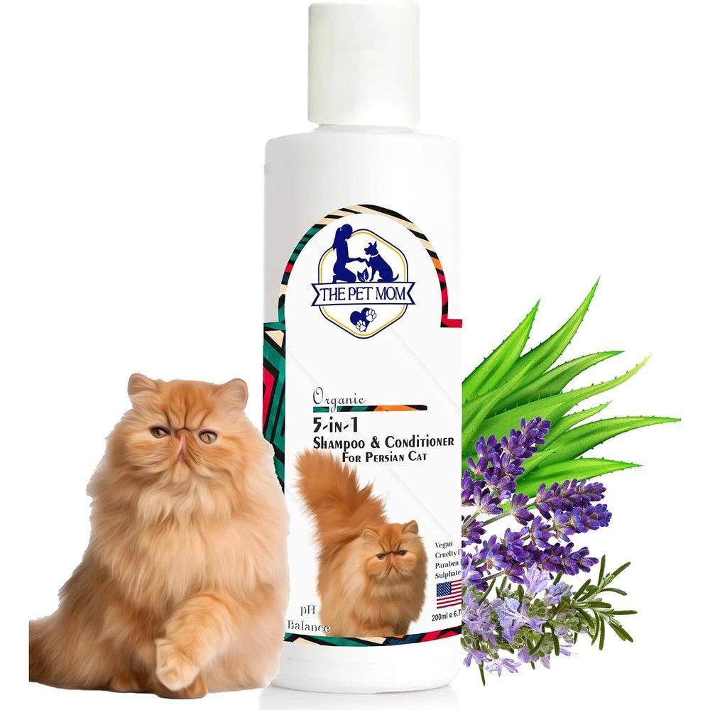 The Pet Mom organic five in one Persian cat shampoo front view bottle for deep coat cleansing