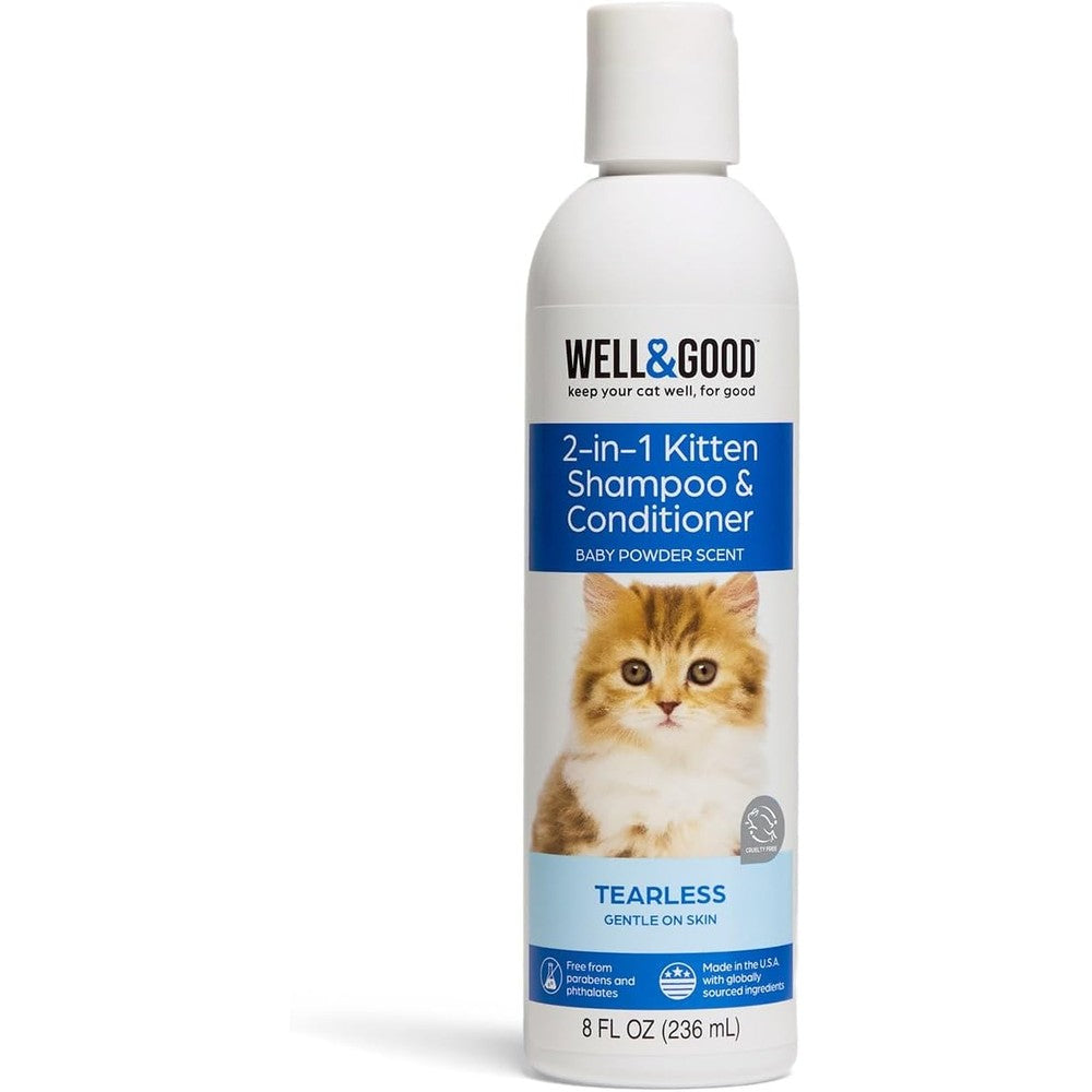 Well & Good 2-in-1 Tearless Kitten Shampoo And Conditioner front view premium imported pet grooming bottle