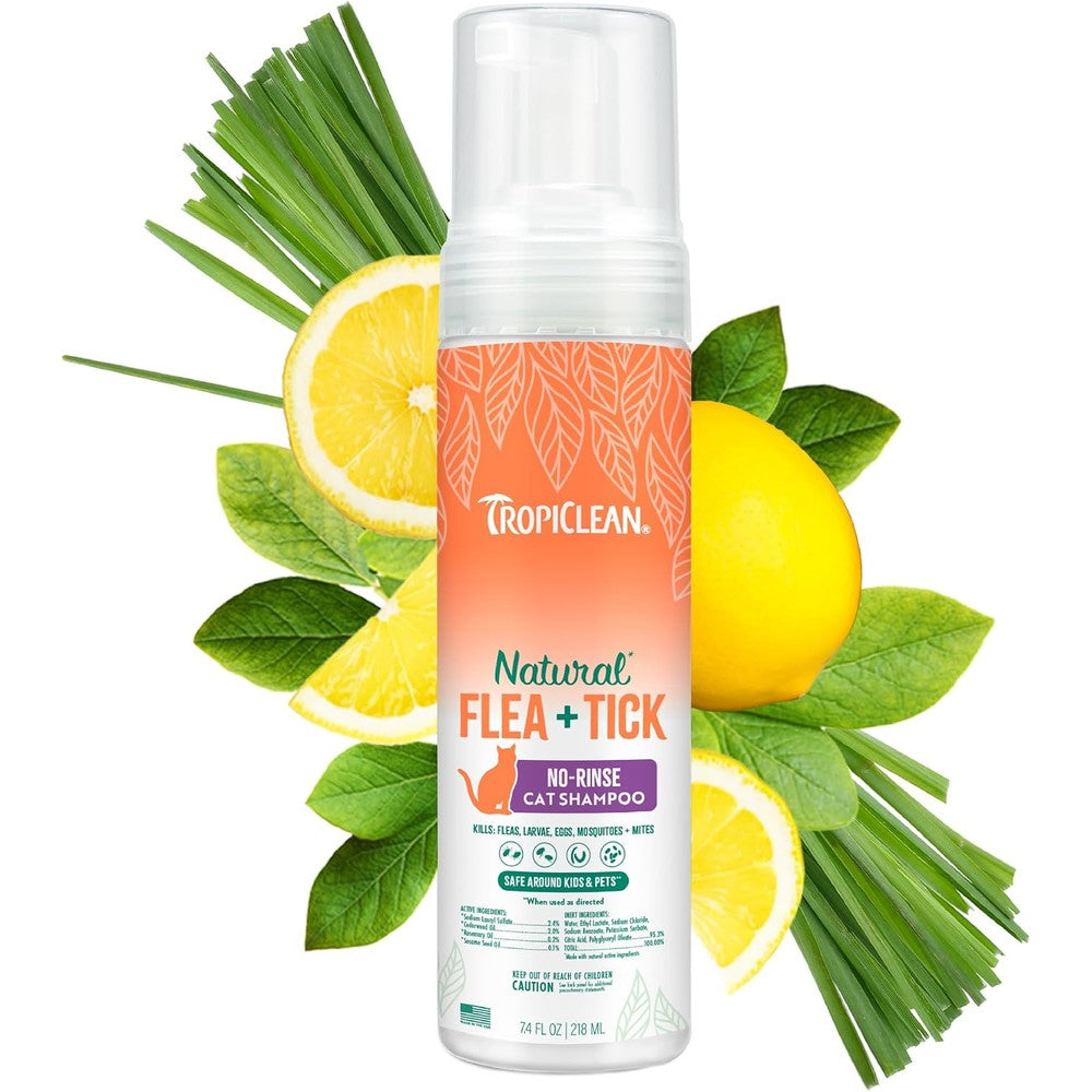 TropiClean Flea and Tick Waterless Shampoo for Cats front view packaging
