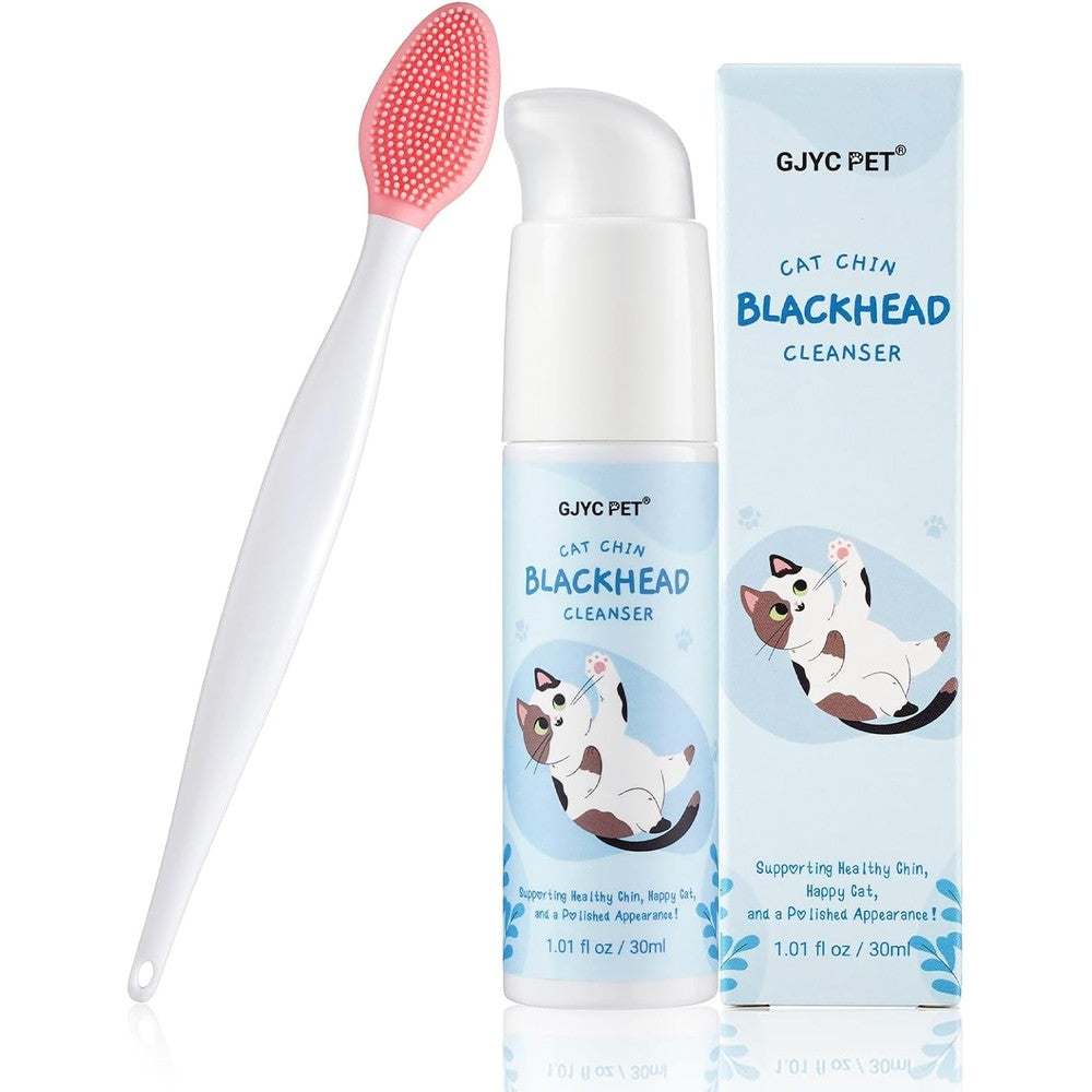 GJYC PET Cat Chin Acne Care Kit front view with pump bottle and green silicone cleaning brush