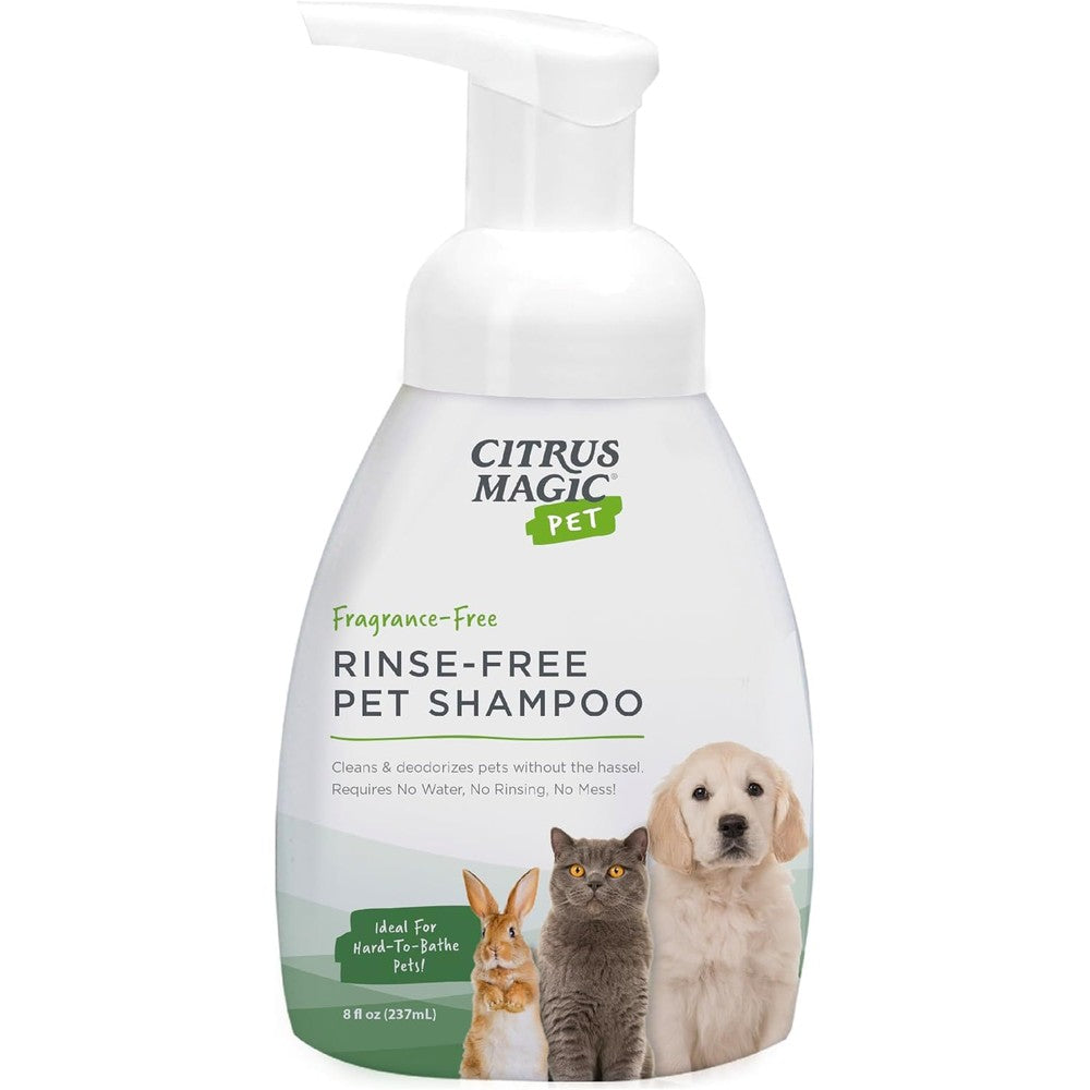 Citrus Magic Pet Rinse Free Shampoo 8 Fluid Ounce front view bottle showcasing the foaming pump dispenser.