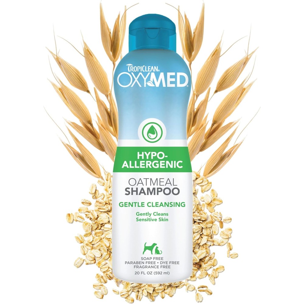 TropiClean OxyMed Hypoallergenic Pet Shampoo front view bottle for dog allergy relief.