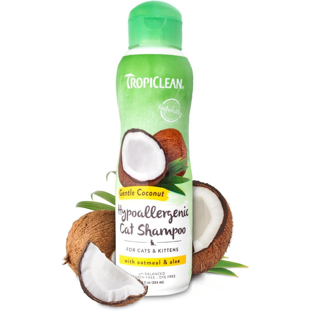 TropiClean Gentle Coconut Hypoallergenic Cat and Kitten Shampoo front bottle view for sensitive skin grooming.