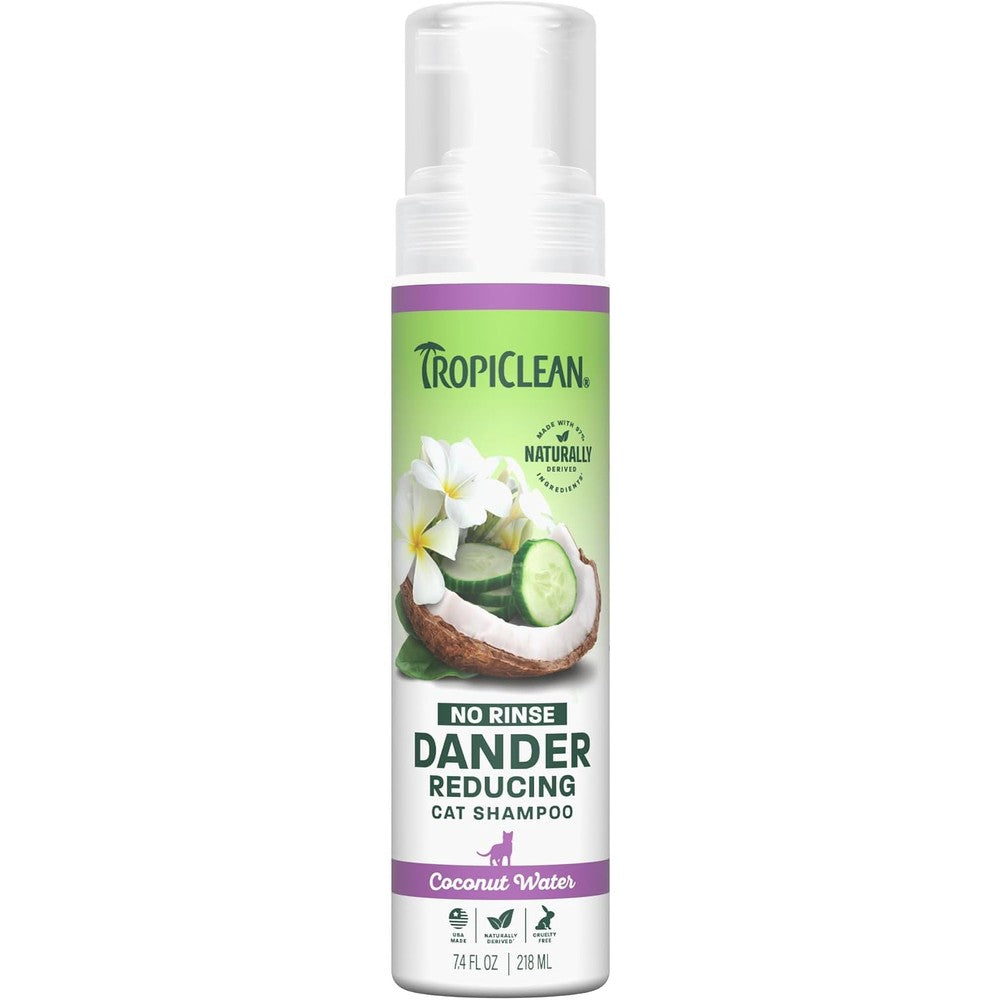 TropiClean Waterless Cat Shampoo front view bottle showcasing dander reducing formula