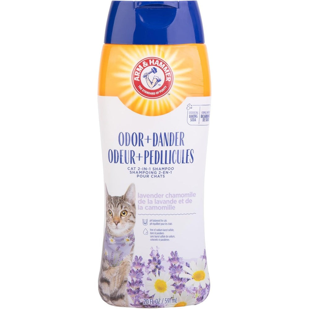 Arm & Hammer 2-in-1 Deodorizing and Dander Reducing Cat Shampoo front view showing the packaging and lavender scent.