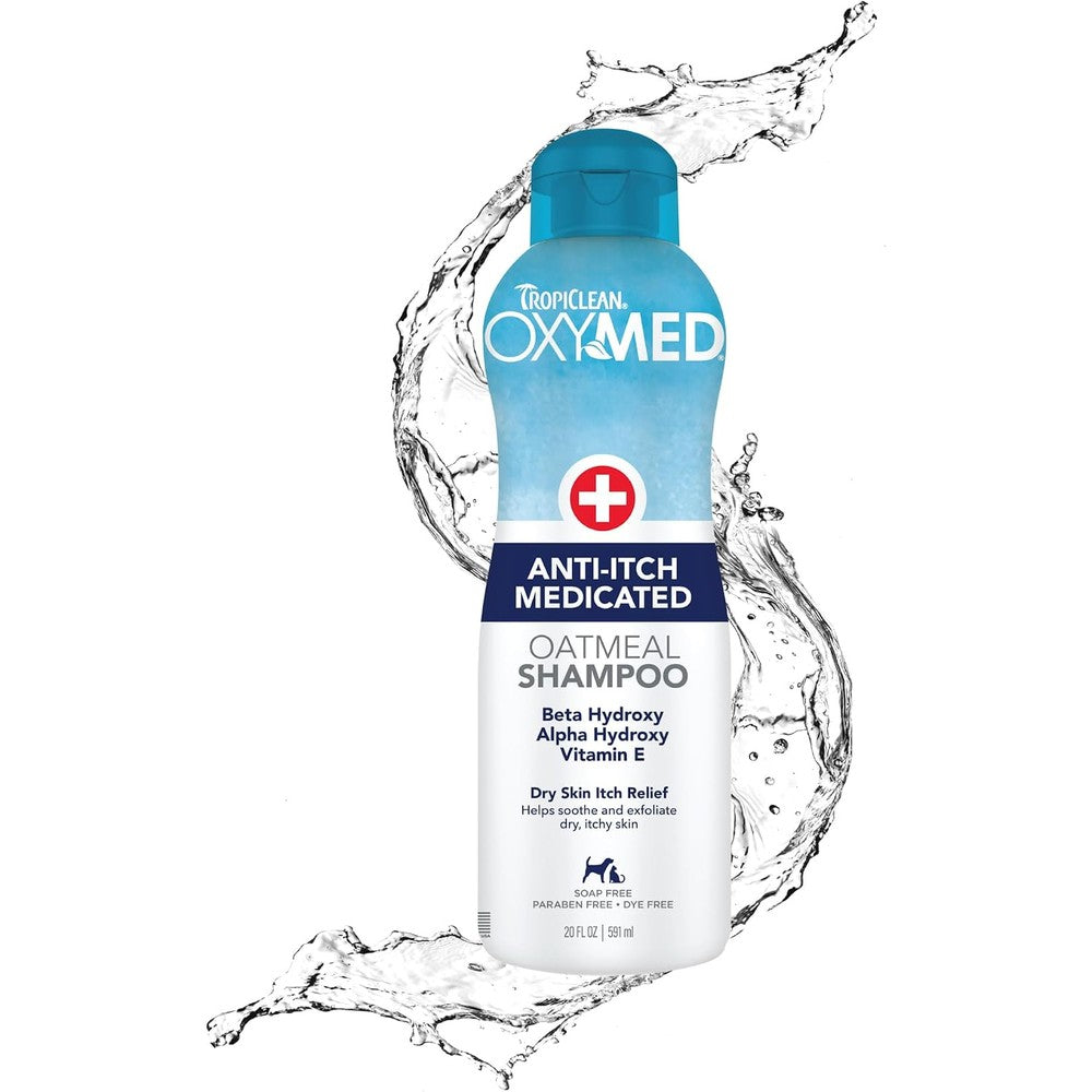 TropiClean OxyMed Medicated Pet Shampoo twenty ounce front view showing anti-itch formulation
