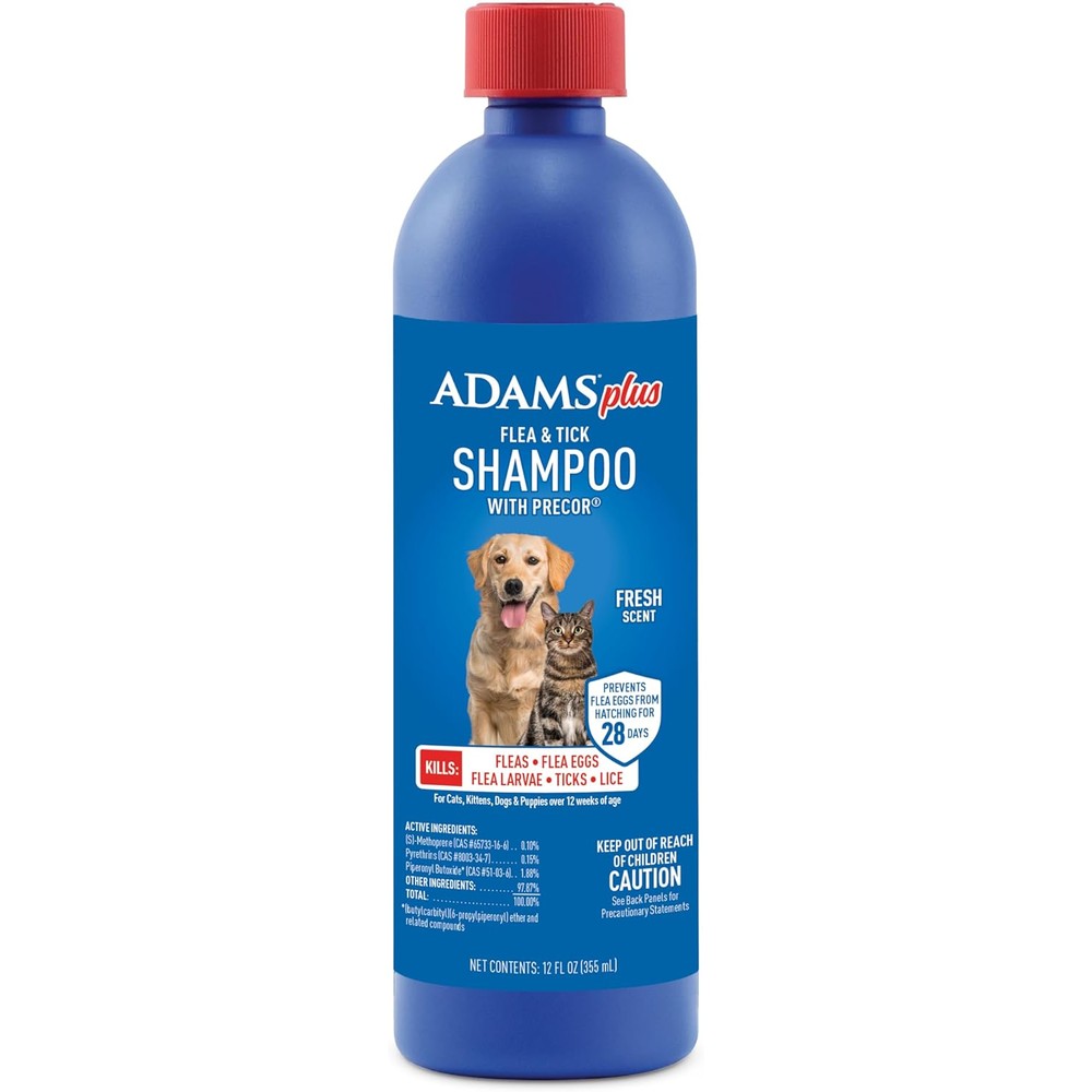 ADAMS Plus Flea & Tick Shampoo with Precor for Dogs, Cats, Puppies & Kittens, Flea Shampoo to Treat Infestations, Kills Ticks, Fleas, Flea Eggs & Lice, Cleans and Conditions Coat, 12 Ounces