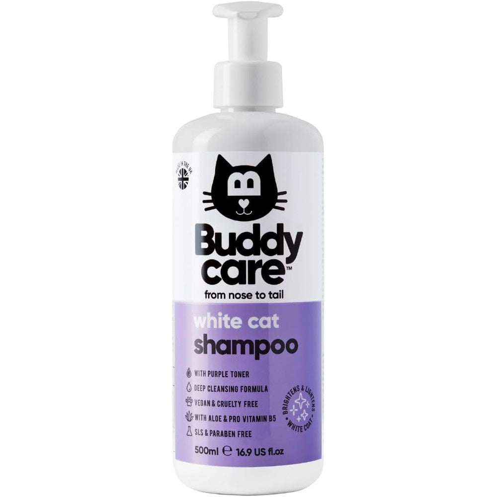 Buddycare White Cat Shampoo front view of the brightening formula bottle