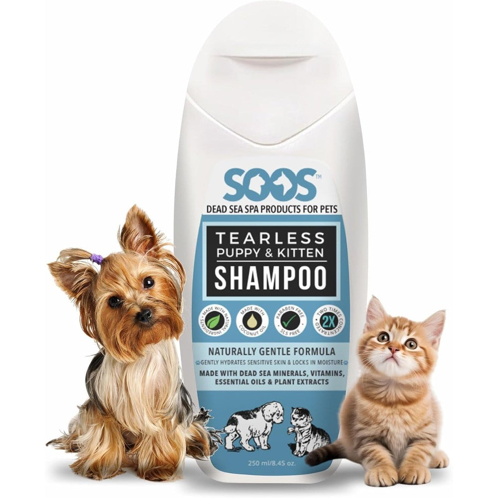 Soos Natural Dead Sea tear-less shampoo bottle front view for puppies and kittens