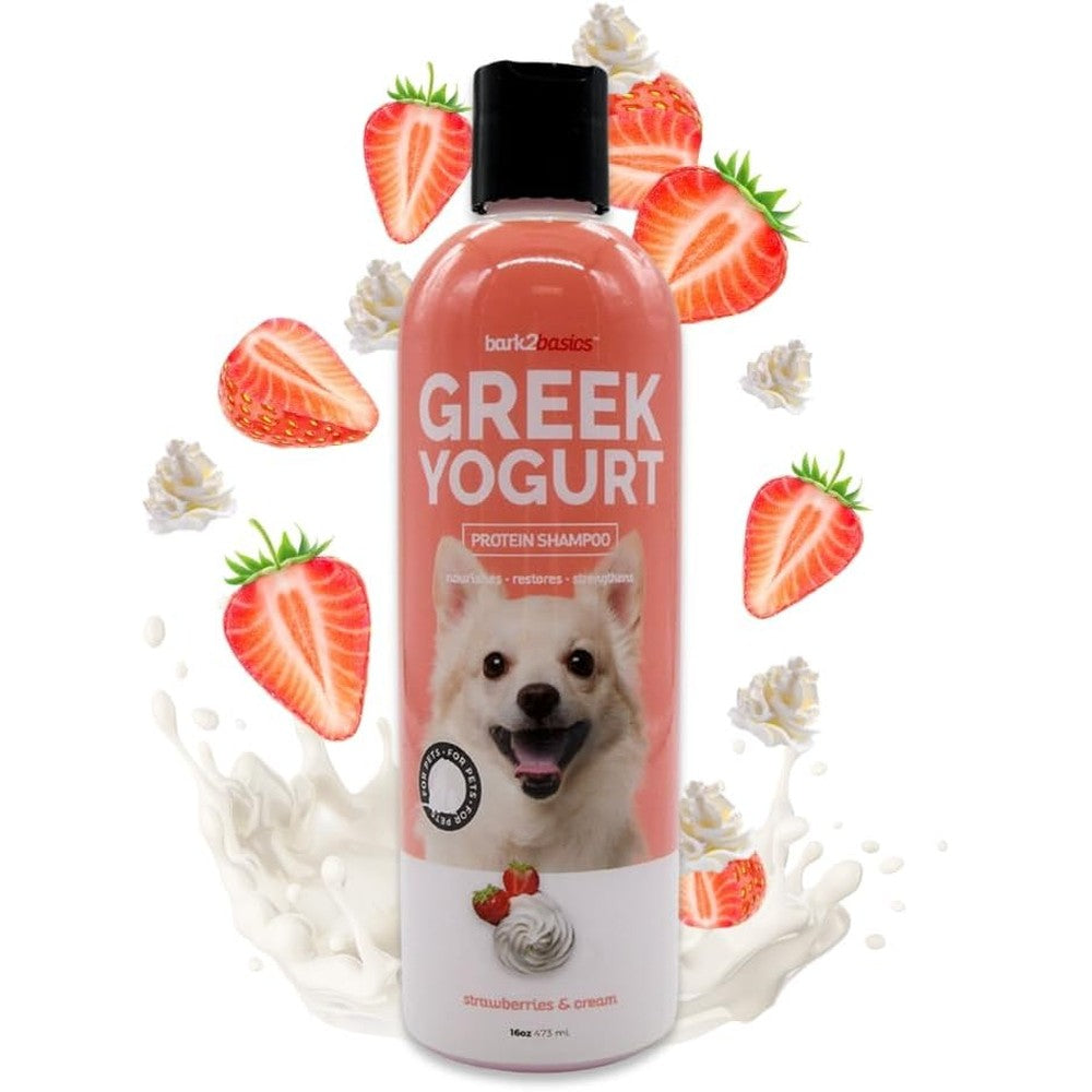 Bark2Basics Strawberries and Cream Greek Yogurt Dog Shampoo front view bottle showing professional grooming formula.