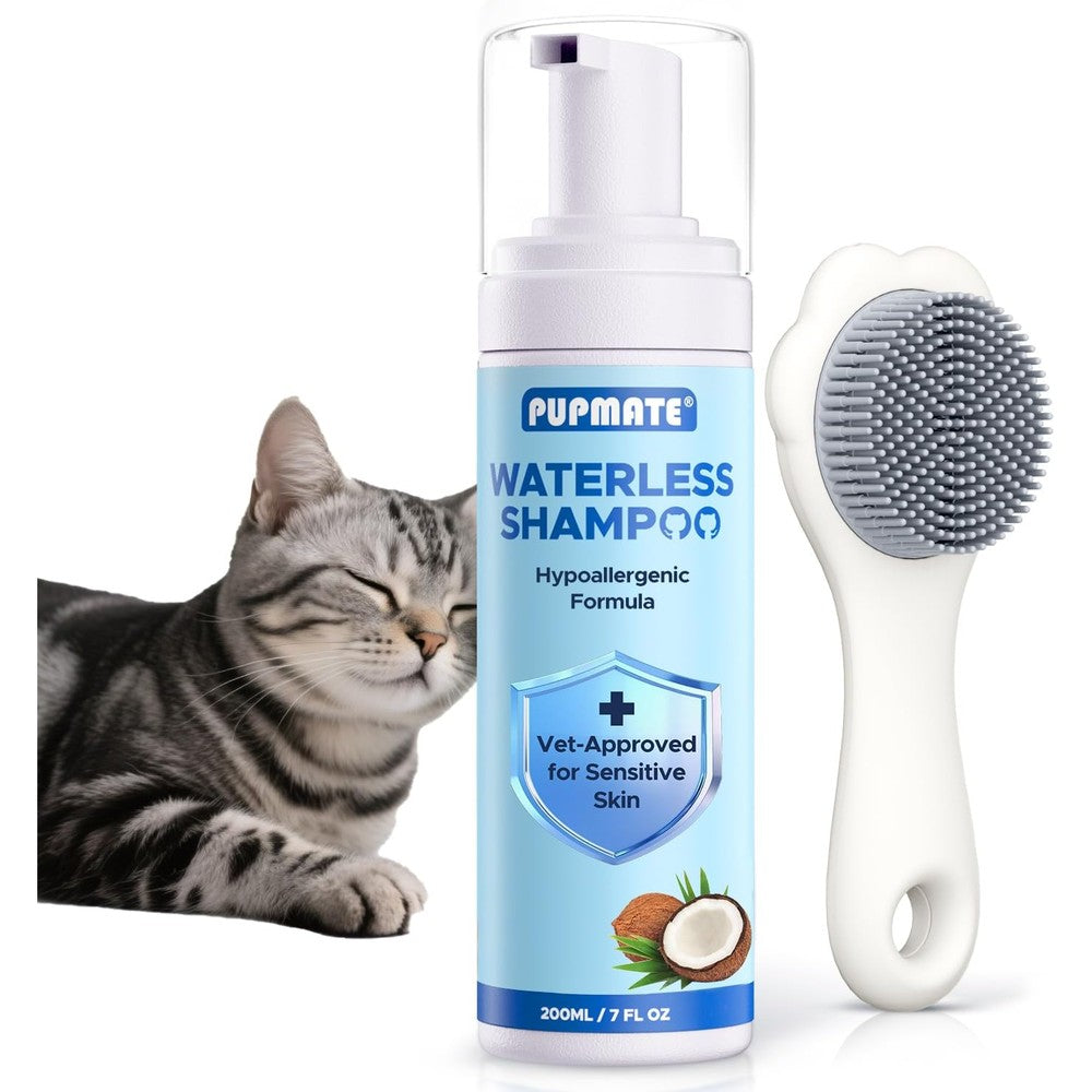 PUPMATE Cat Waterless Shampoo with Brush front view of the 7 fluid ounces bottle