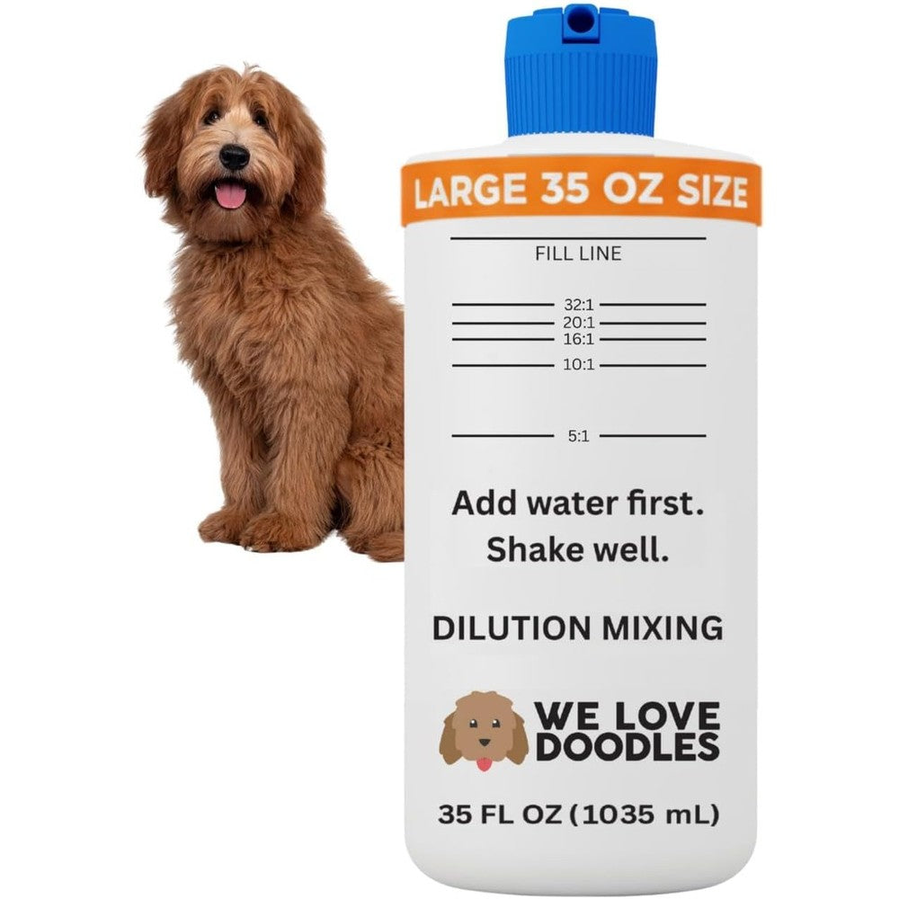 We Love Doodles dog shampoo dilution bottle front view for precise grooming