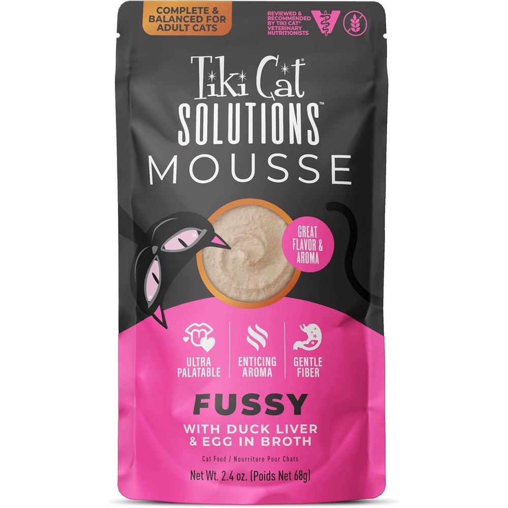 Tiki Cat Solutions Fussy Mousse front view packaging displaying duck liver and egg flavor description.