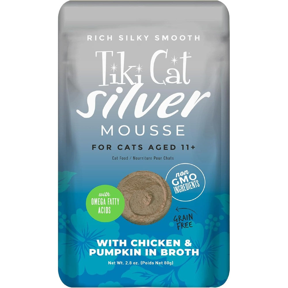 Tiki Cat Silver Mousse Senior Cat Food front view showing chicken and pumpkin packaging