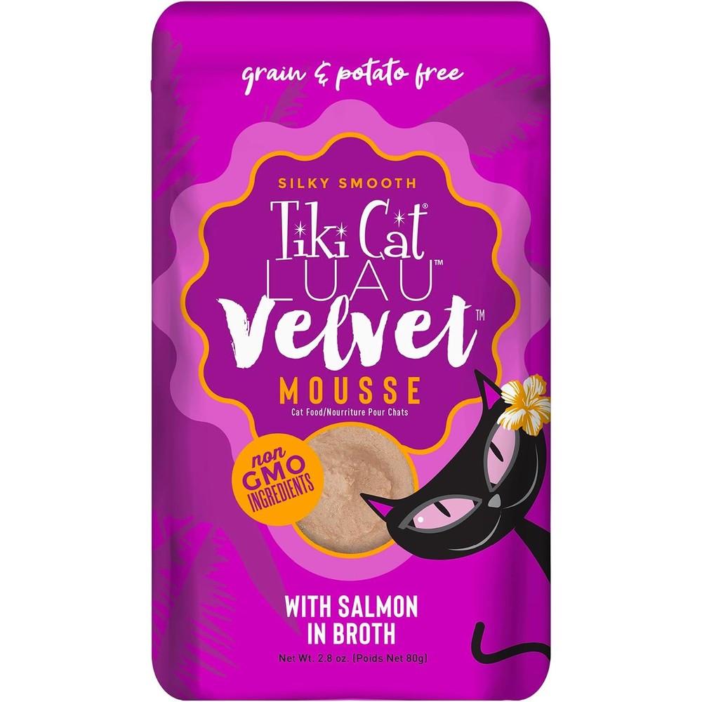 Tiki Pets Tiki Cat Luau Velvet Mousse Salmon in Broth front view pack of twelve pouches